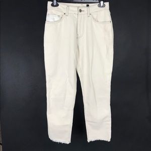 Two Tone White/Cream/Off White Straight Leg Raw Hem Jeans